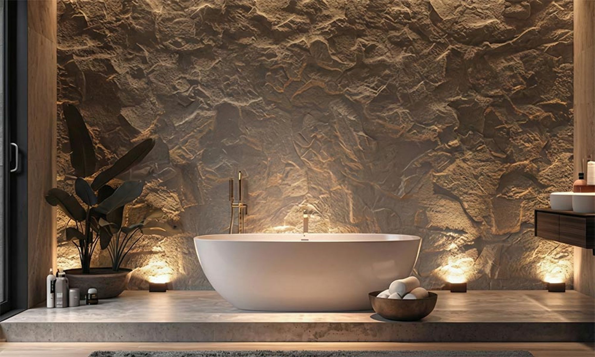 Standalone white bathtub against a textured stone wall with floor uplighting
