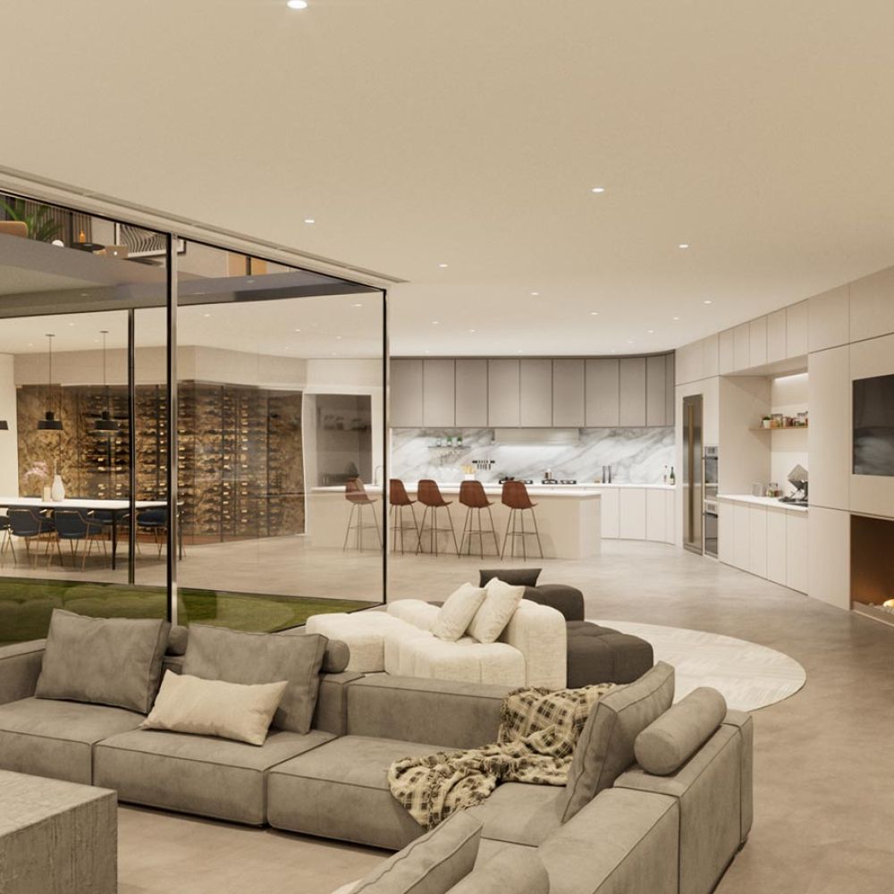 Spacious open-concept home with a large kitchen, living area, and glass-walled wine cellar