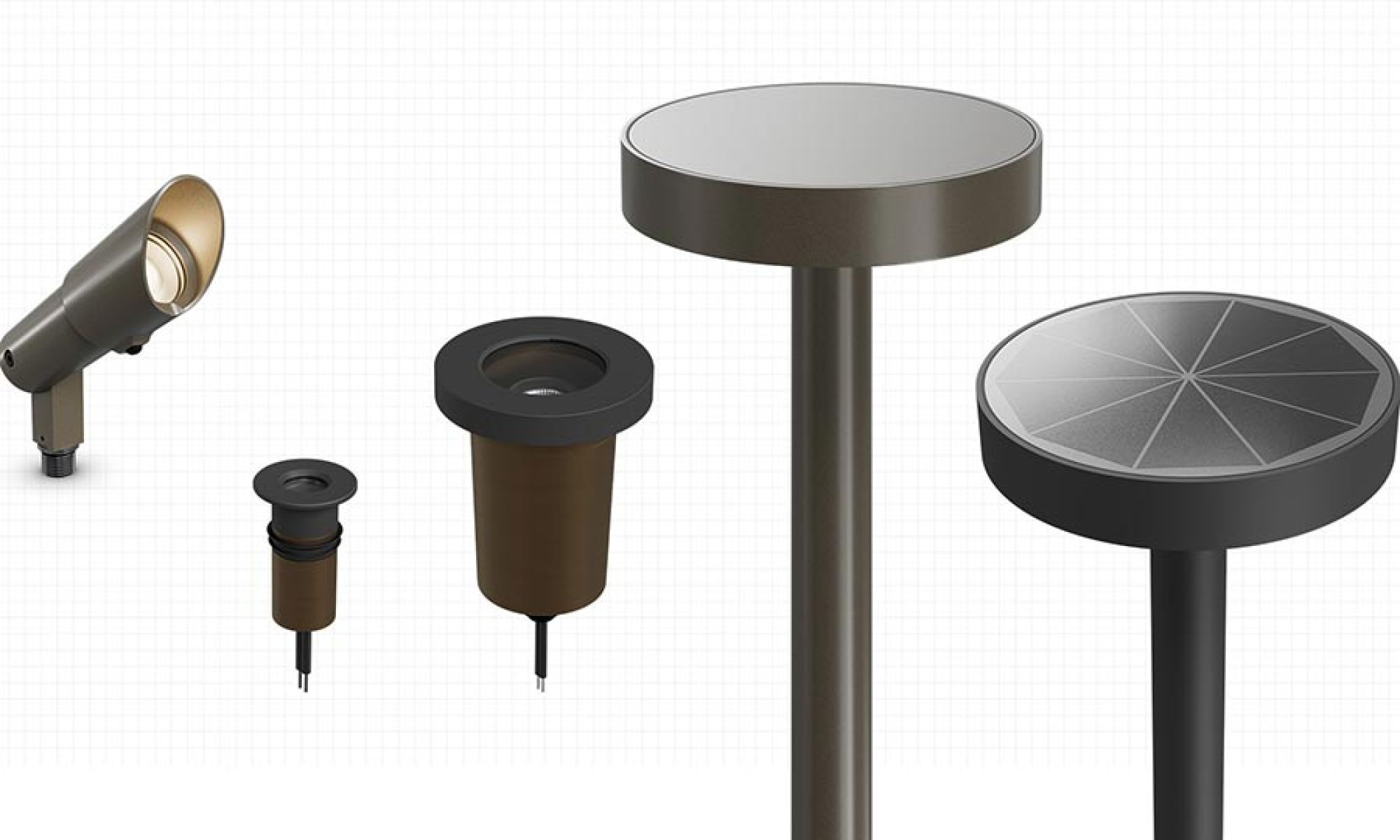 Collection of various architectural outdoor spotlight and path light fixtures