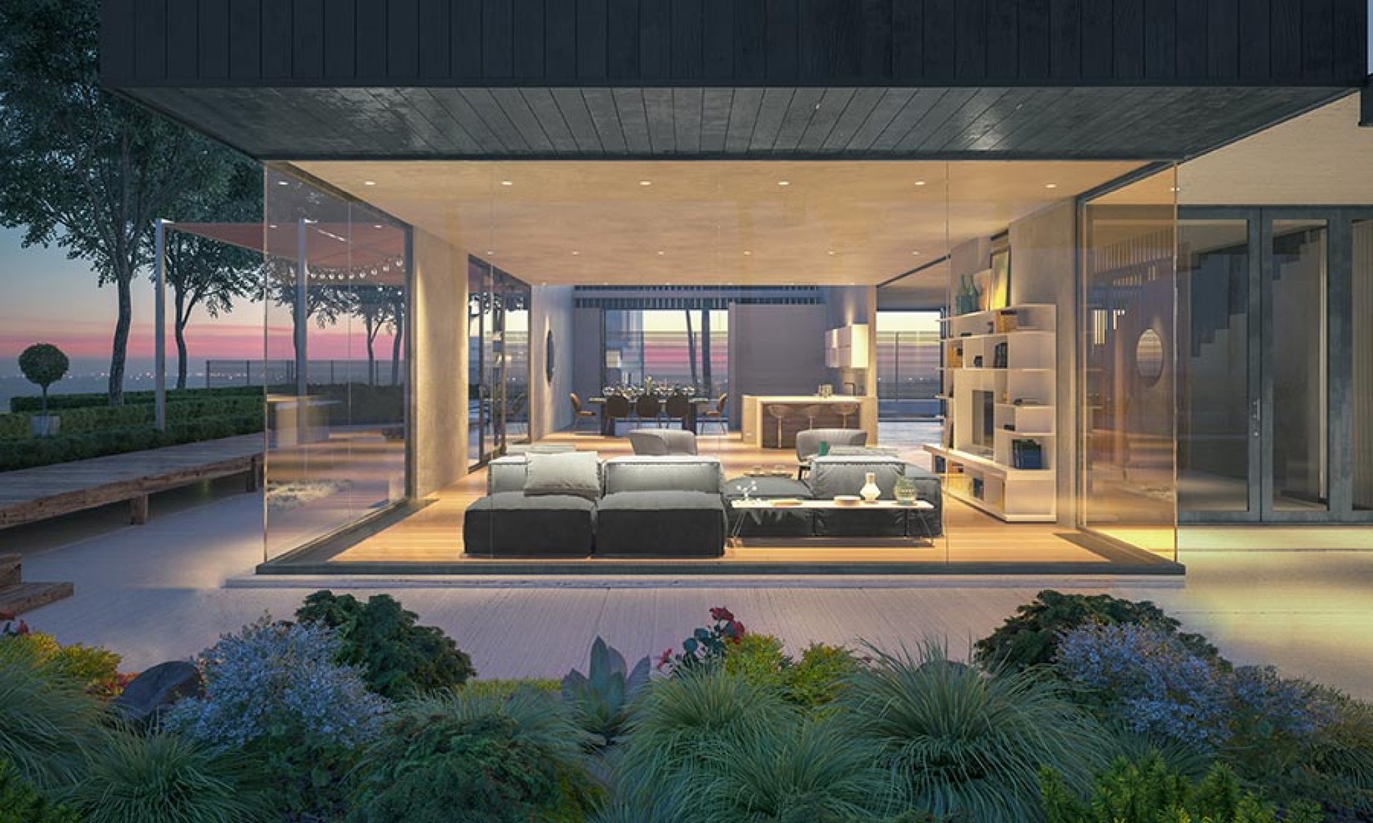 Modern open-concept living room with floor-to-ceiling glass walls at dusk