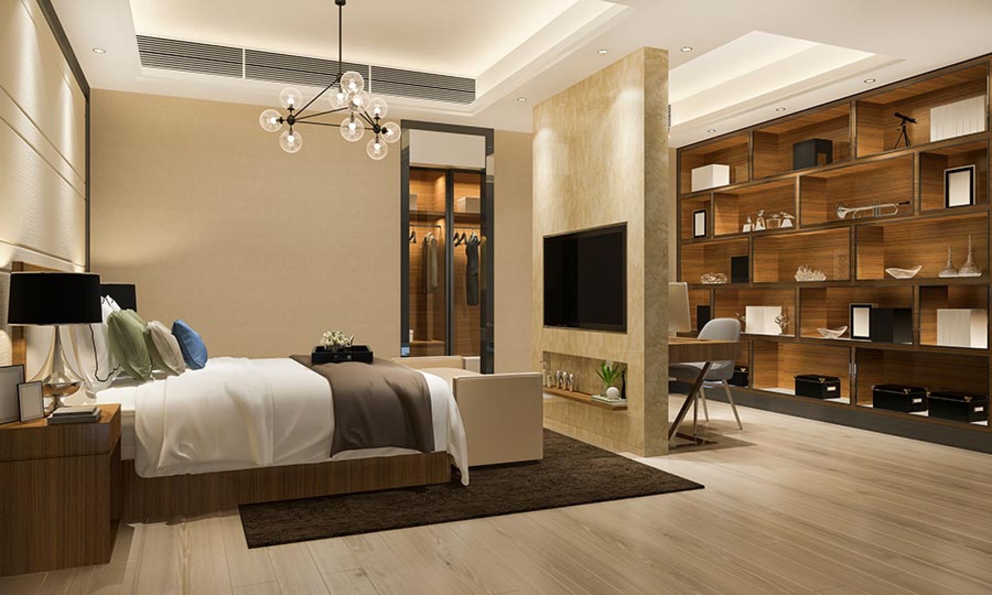 Elegant bedroom featuring integrated warm accent lighting in shelving and ceiling