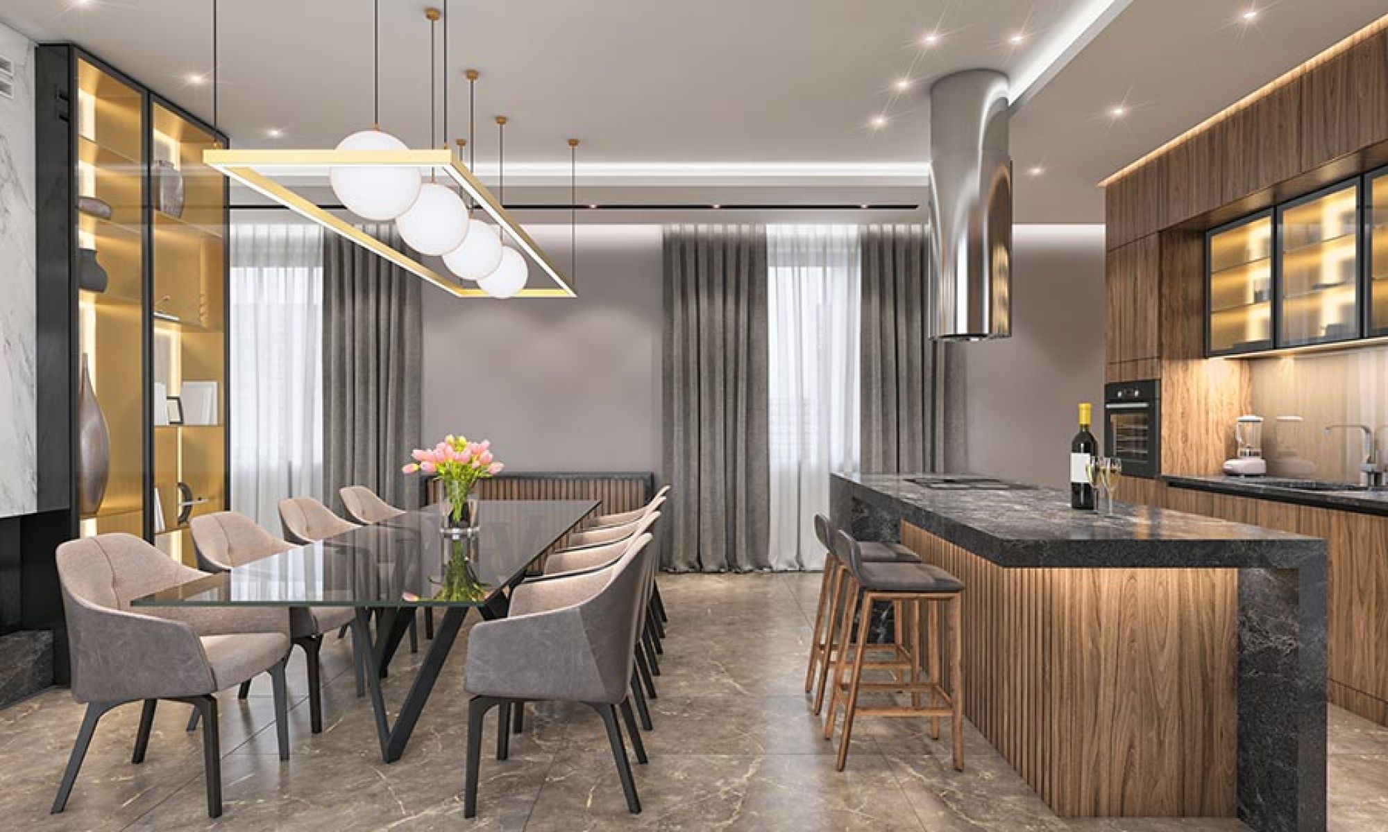 Luxury kitchen and dining area with marble island and modern globe pendant lighting